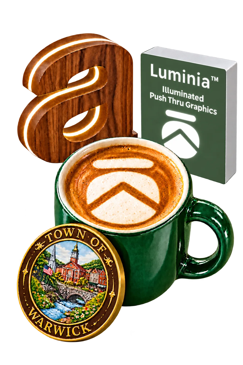 Illustration: a green mug of latte with the Kōr icon in the foam, beside a walnut dimensional letter “a” with a glowing edge, a green Luminia illuminated push-thru graphics sample, and a Town of Warwick commemorative medallion.